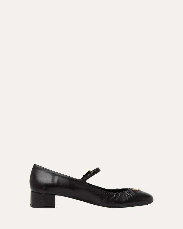 Ruched Toe Mary Jane Leather Pumps
